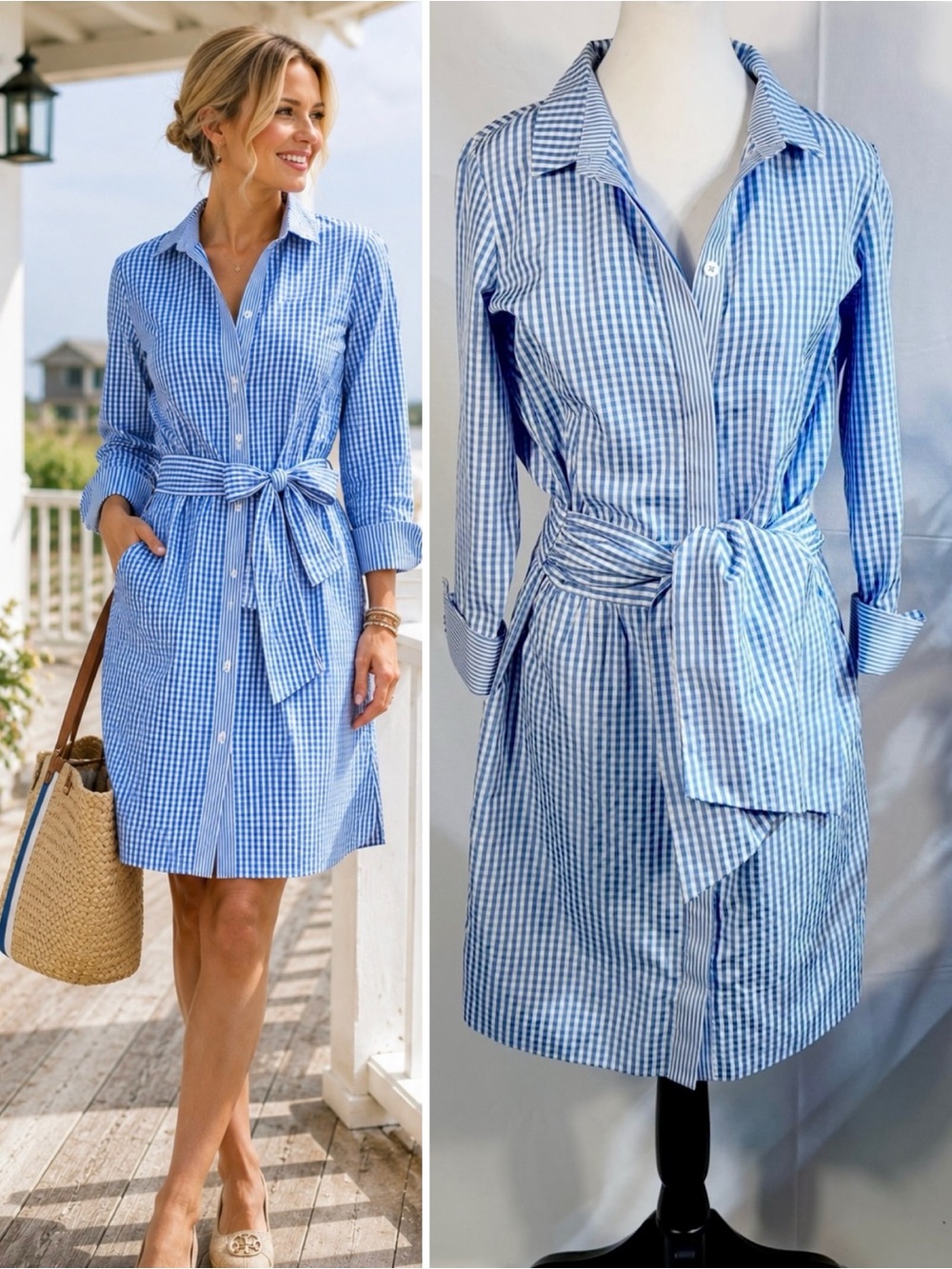 Gretchen Scott Breezy Blouson Blue Gingham Shirt Dress Waist Tie Belt Sz S🧡